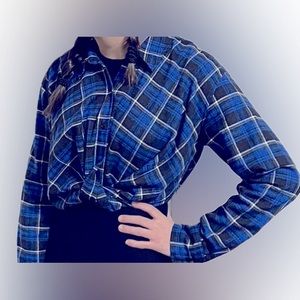 Zara plaid cropped crop shirt blue button zipper bubble Medium M soft LN